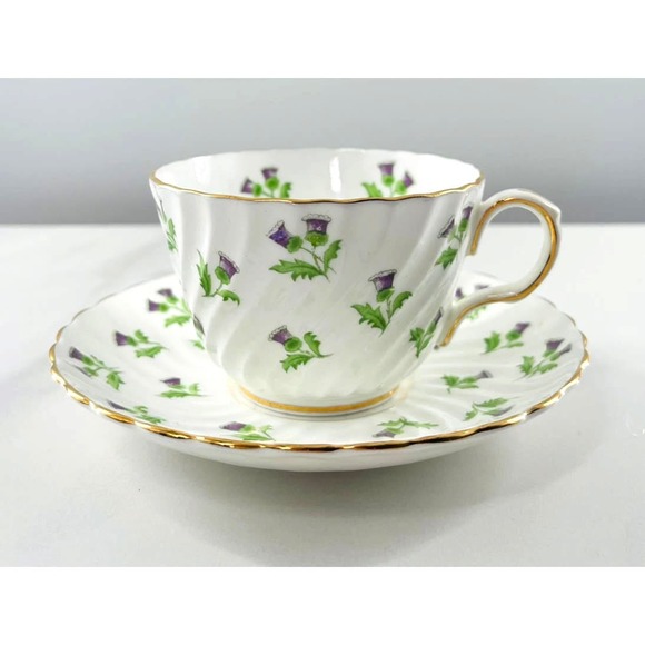Aynsley Other - AYNSLEY BONE CHINA TEACUP &  SAUCER SET / PURPLE THISTLE / MADE IN ENGLAND